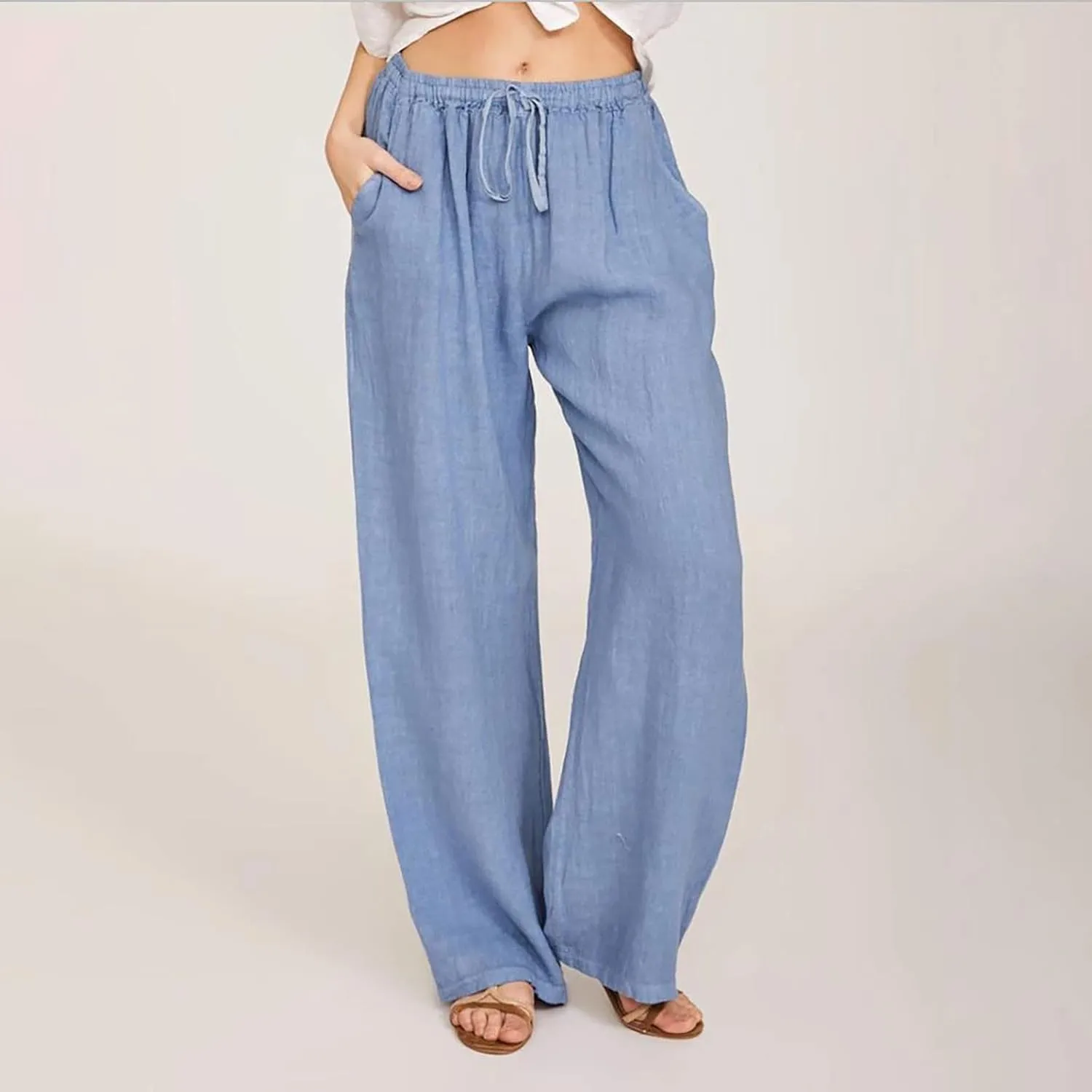 Cotton Linen Pants for Women Lightweight High Waisted Pants Tie Knot Wide Leg Pants Summer Lounge Pants with Pockets