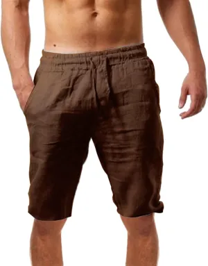 Cotton Linen Shorts for Men Drawstring Elastic Waist Lounge Shorts Loose Fit Lightweight Summer Casual Beach Shorts