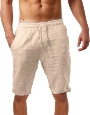 Cotton Linen Shorts for Men Drawstring Elastic Waist Lounge Shorts Loose Fit Lightweight Summer Casual Beach Shorts