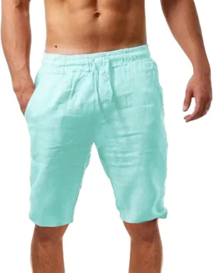 Cotton Linen Shorts for Men Drawstring Elastic Waist Lounge Shorts Loose Fit Lightweight Summer Casual Beach Shorts