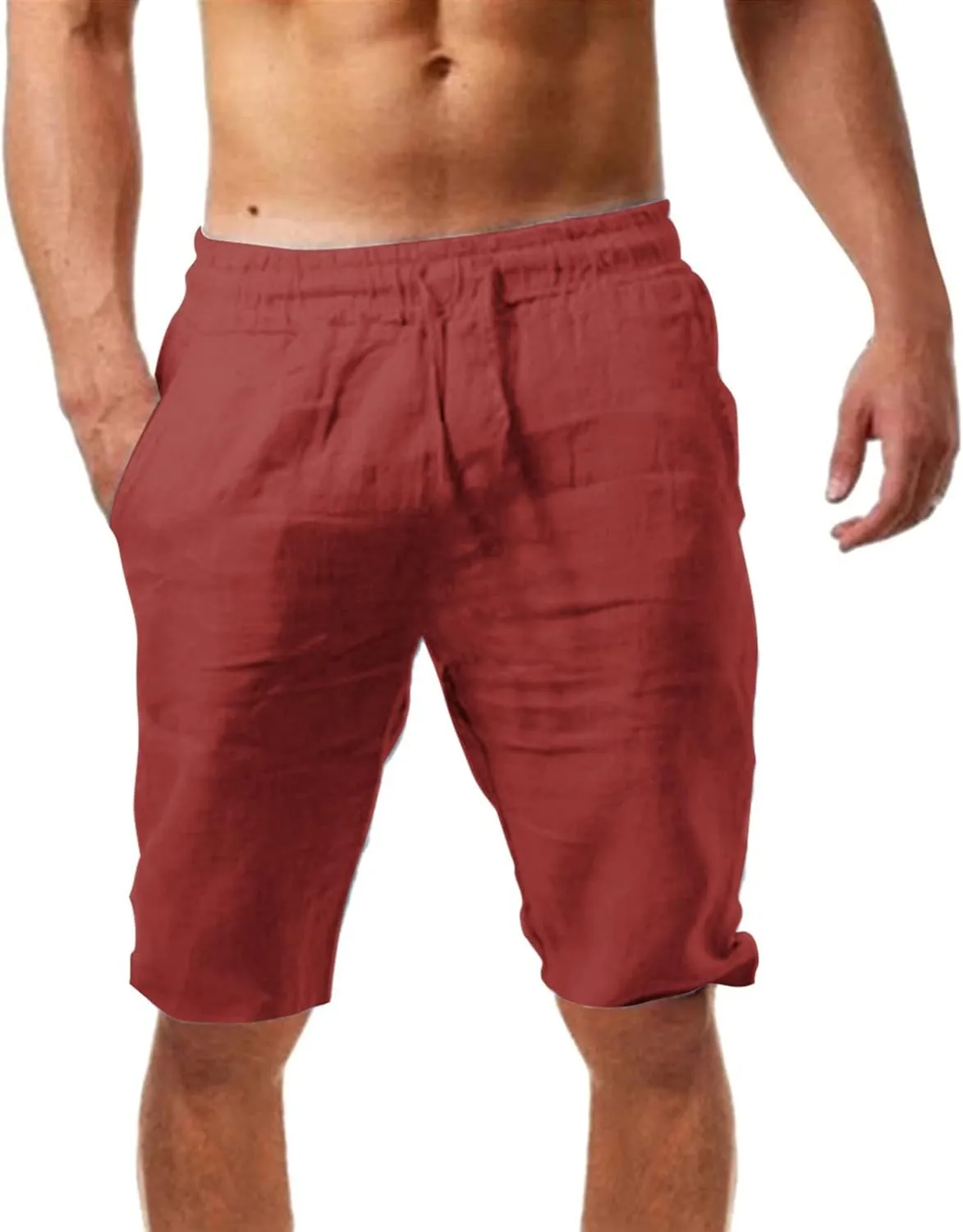Cotton Linen Shorts for Men Drawstring Elastic Waist Lounge Shorts Loose Fit Lightweight Summer Casual Beach Shorts