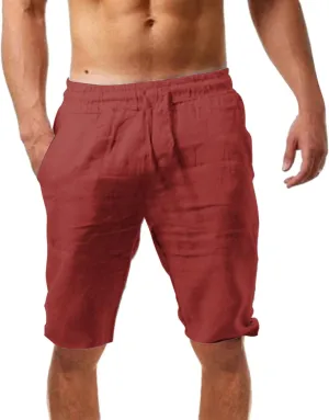Cotton Linen Shorts for Men Drawstring Elastic Waist Lounge Shorts Loose Fit Lightweight Summer Casual Beach Shorts