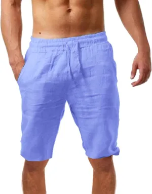 Cotton Linen Shorts for Men Drawstring Elastic Waist Lounge Shorts Loose Fit Lightweight Summer Casual Beach Shorts
