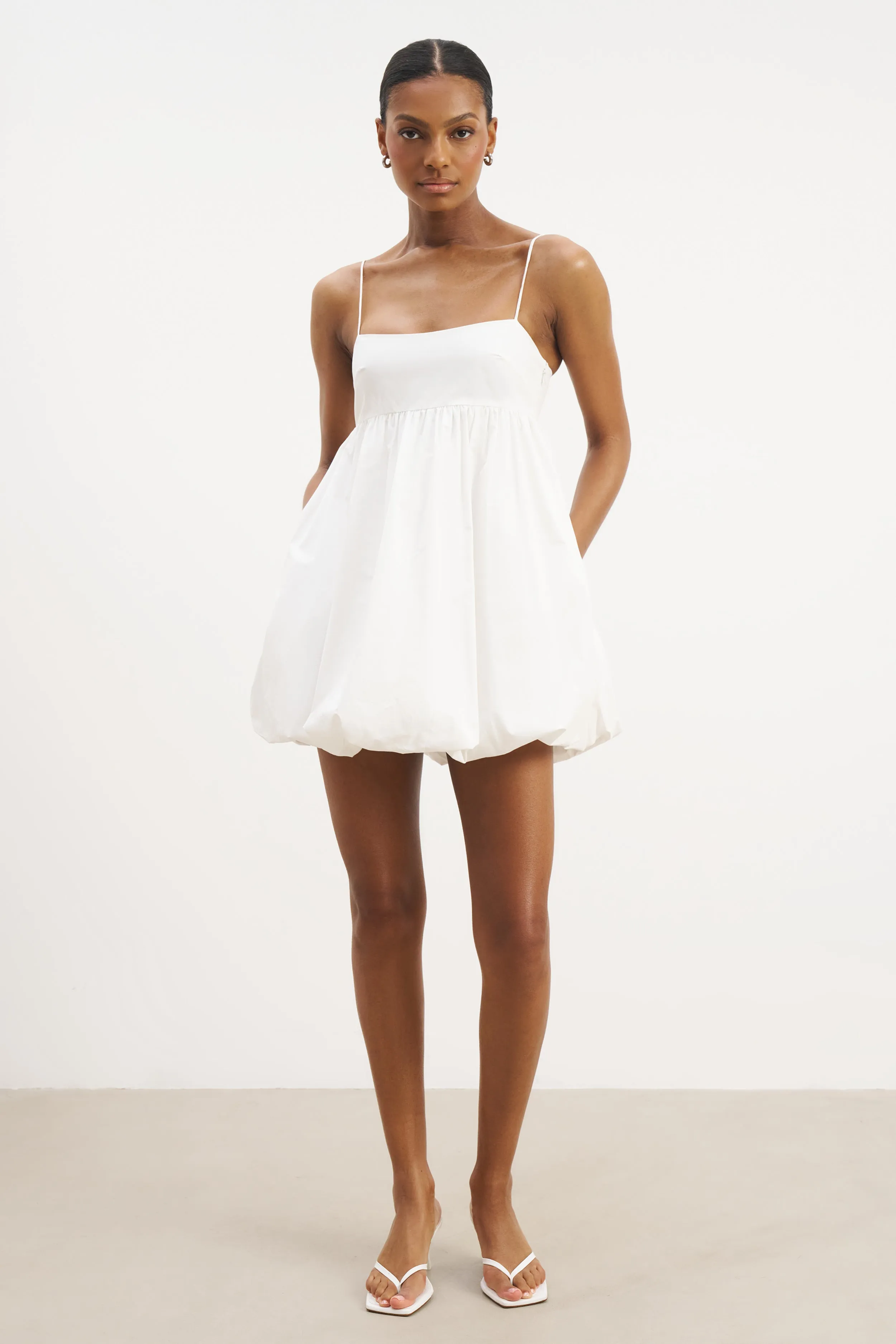 Cotton Puff Ball Mini Dress - White Lounge Comfort Airy Weave