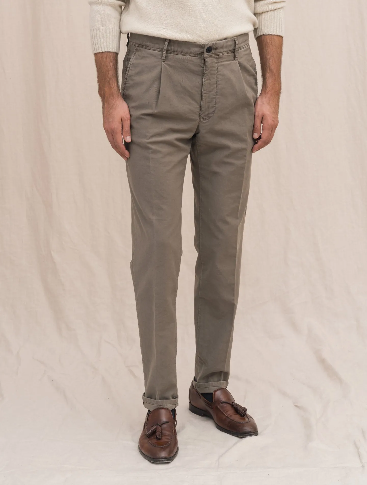 Cotton Twill Tapered Fit Slacks Taupe