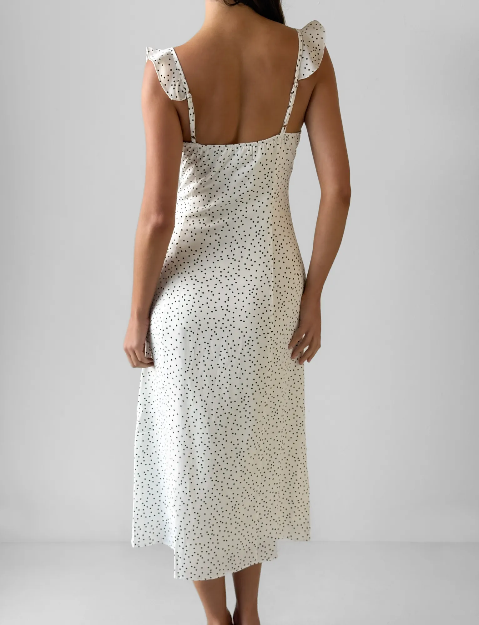 LOTTIE RUFFLE MIDI DRESS - WHITE POLKA Warm Undertone Soft Hue