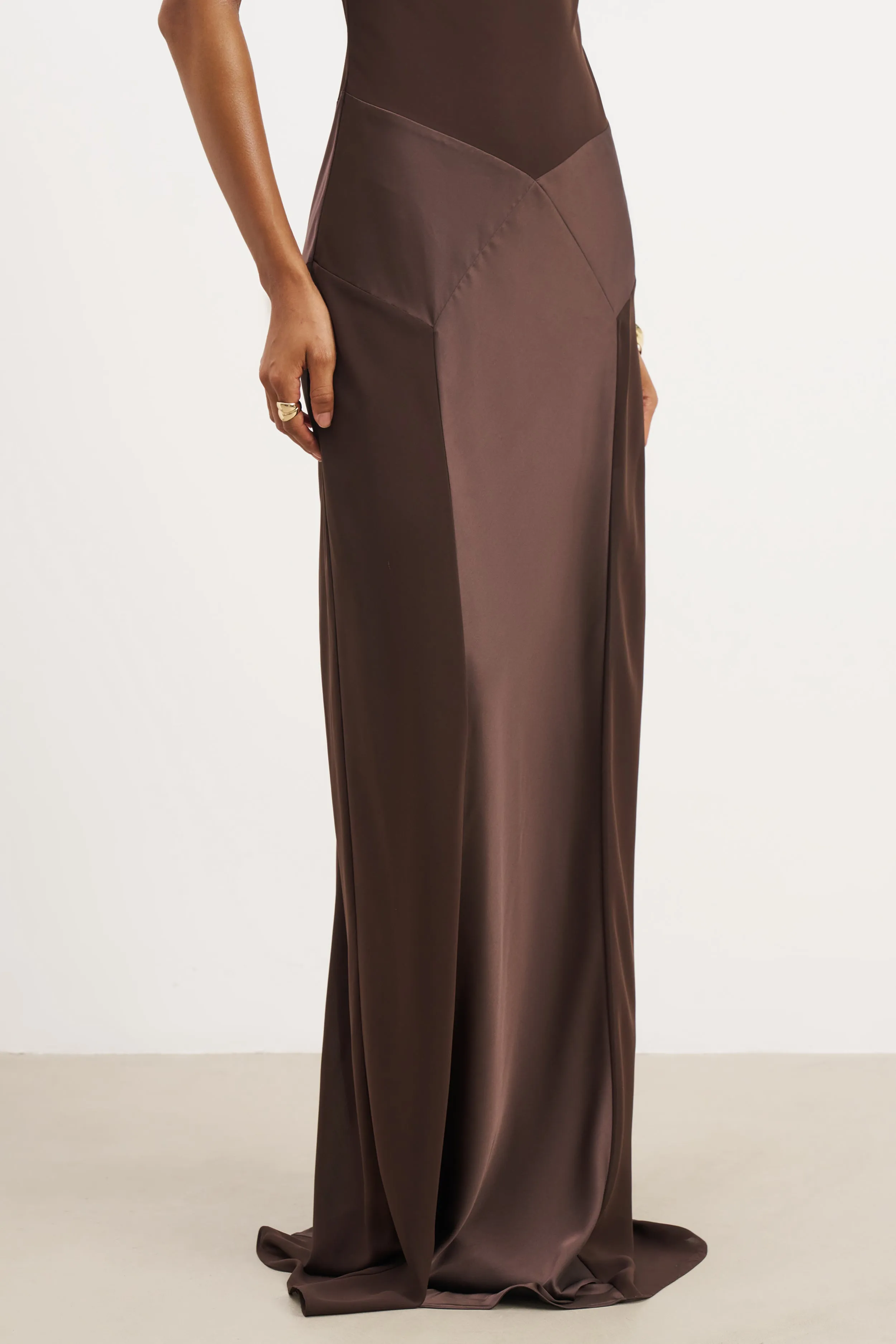 Handmade Soft Harmony Cowl Neck Satin Panel Gown - Carob