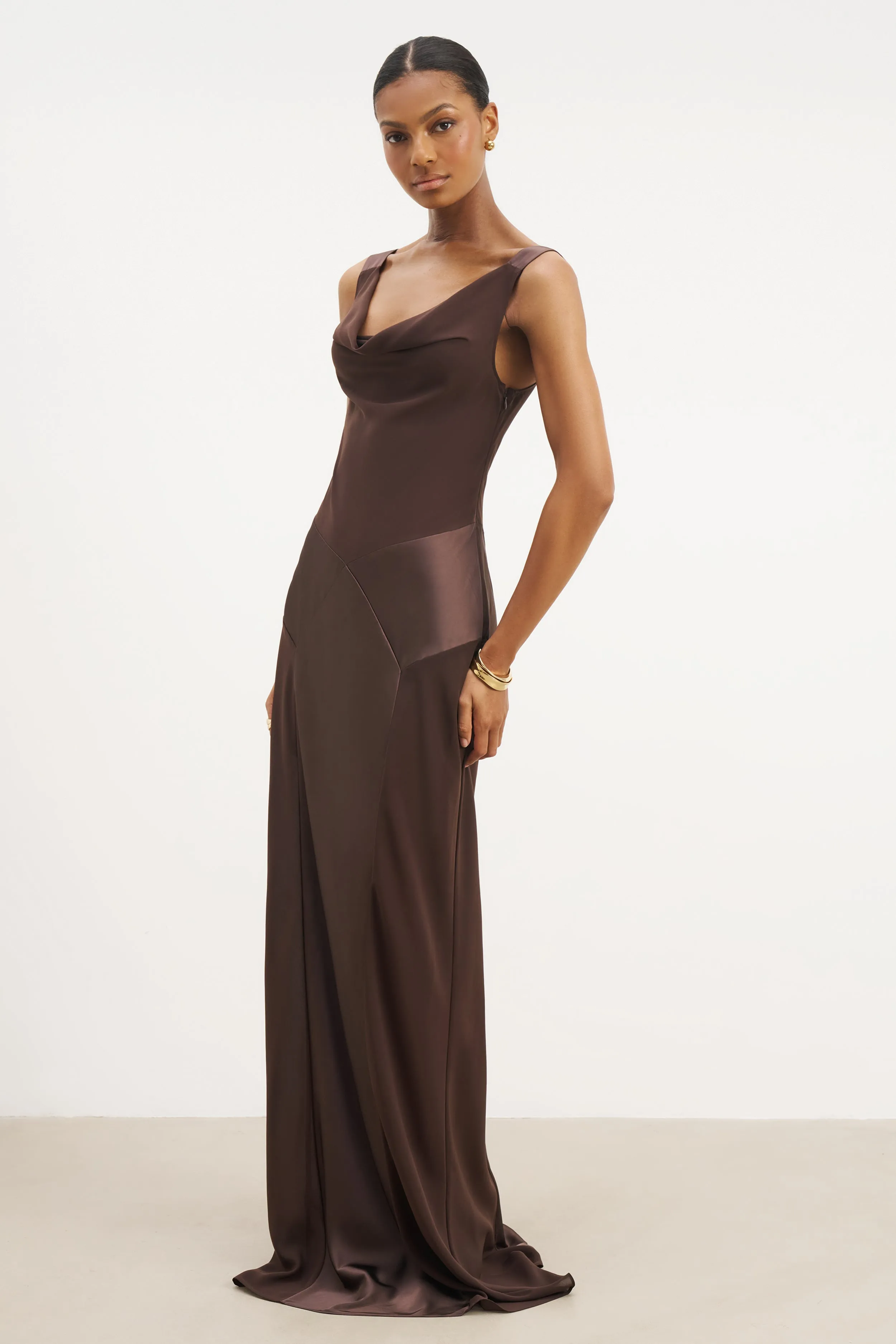 Trendy Waist Polite Tone Cowl Neck Satin Panel Gown - Carob