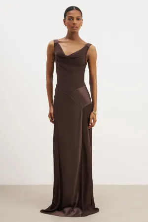 Slim Shape Cowl Neck Satin Panel Gown - Carob
