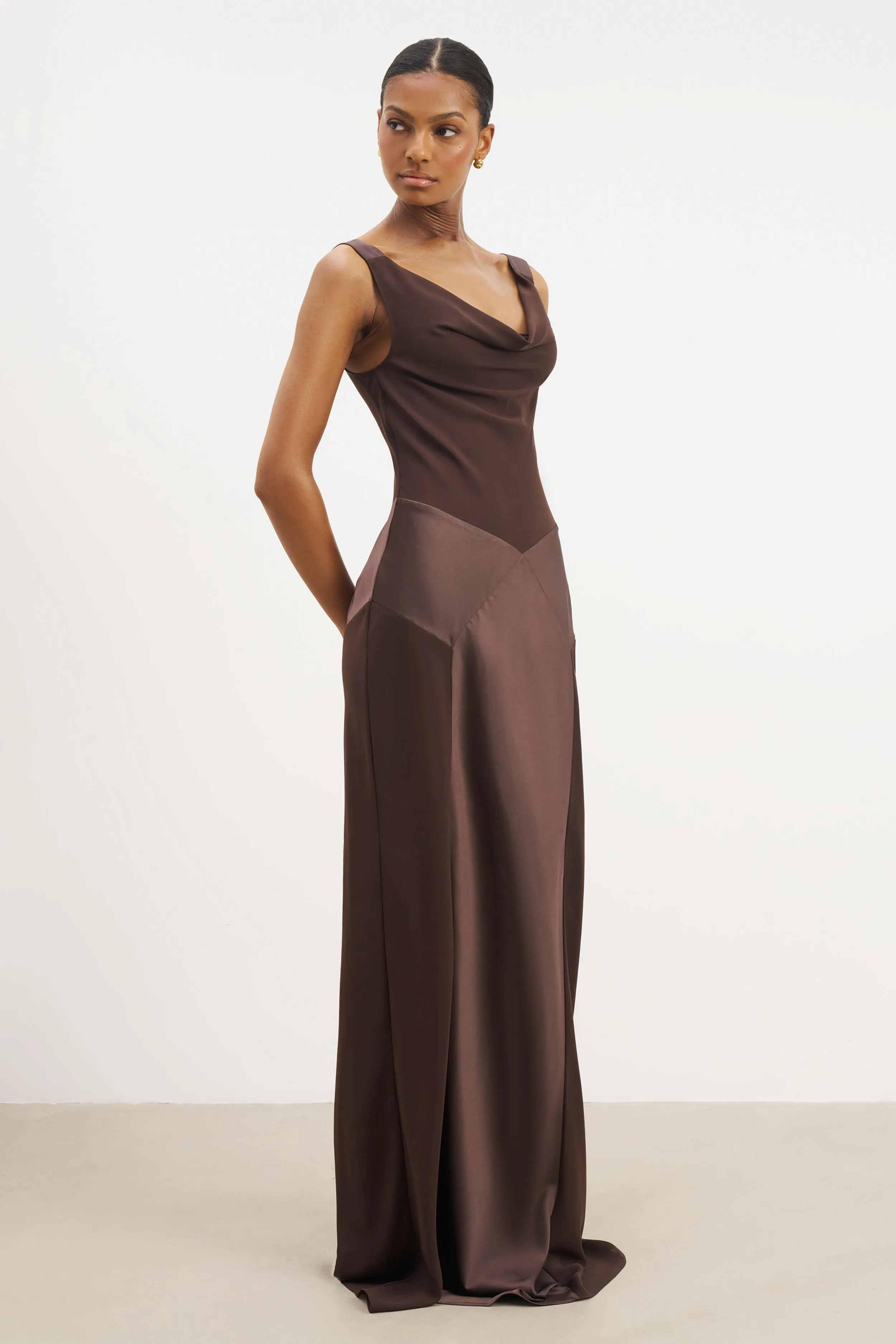 Color Glow Sleek and Simple Cowl Neck Satin Panel Gown - Carob