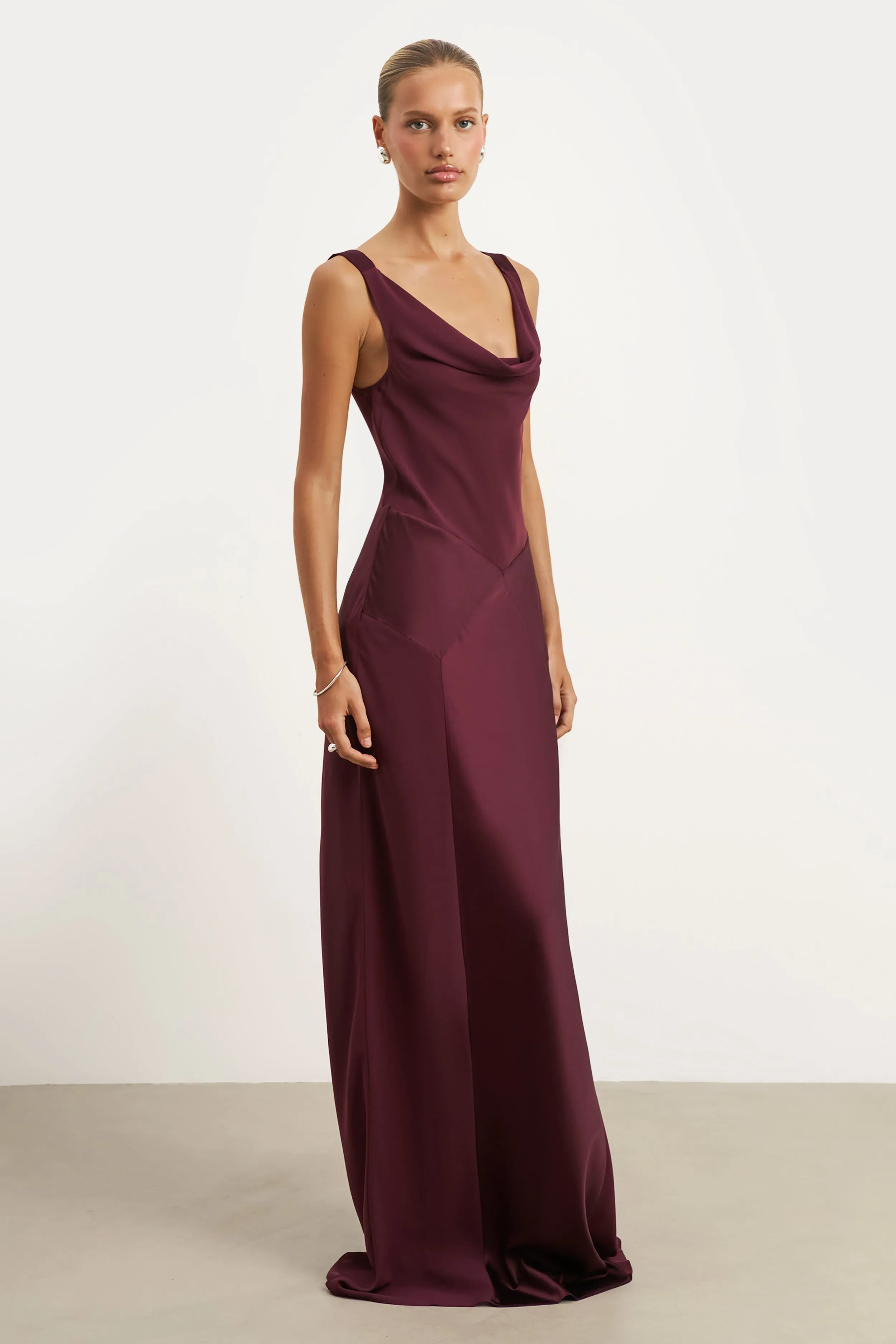 Cowl Neck Satin Panel Gown - Mulberry Soft Material City Bright