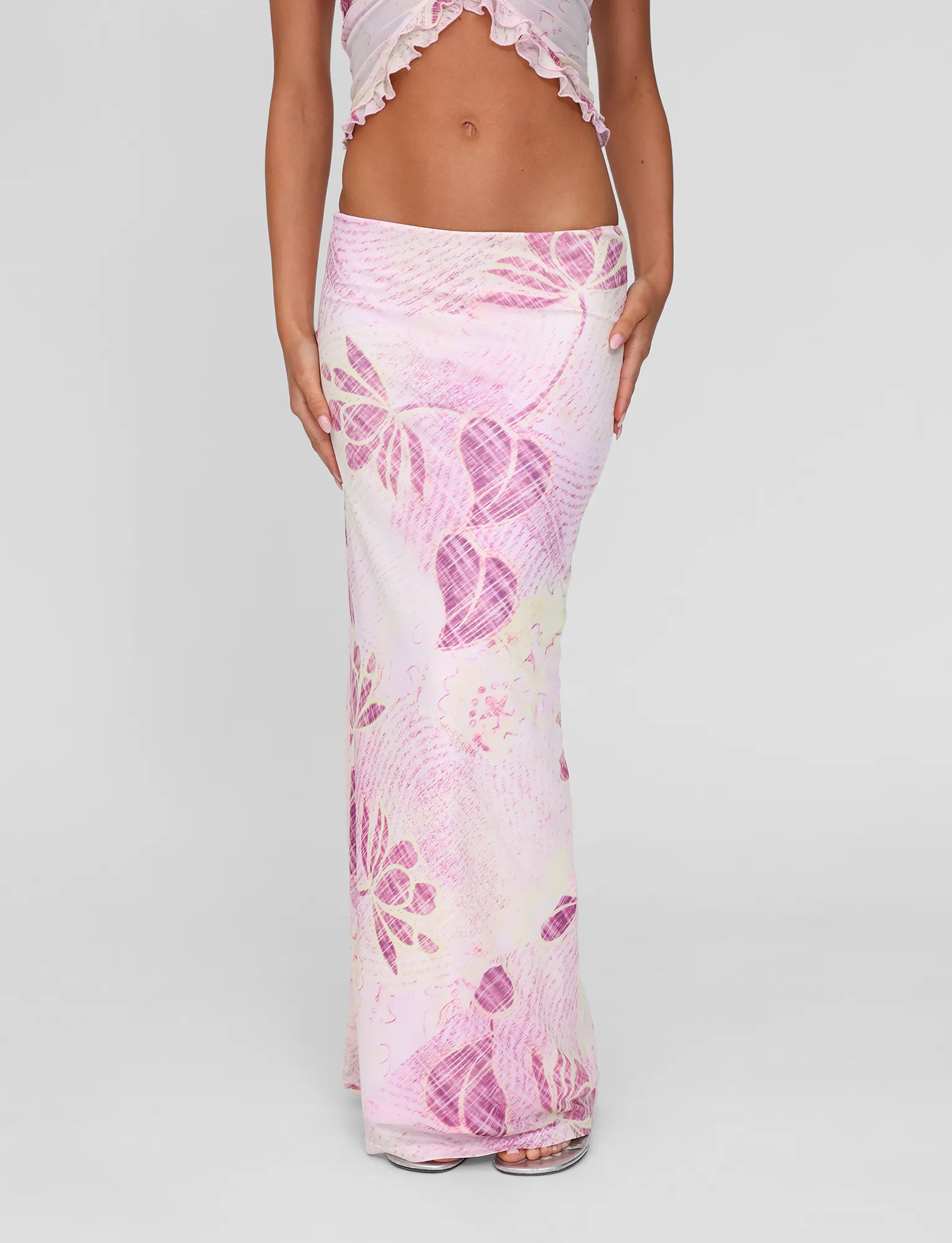 DALILA MIDI SKIRT - GRUNGE FLORAL MAGENTA Button Fastenings Semi Sheer