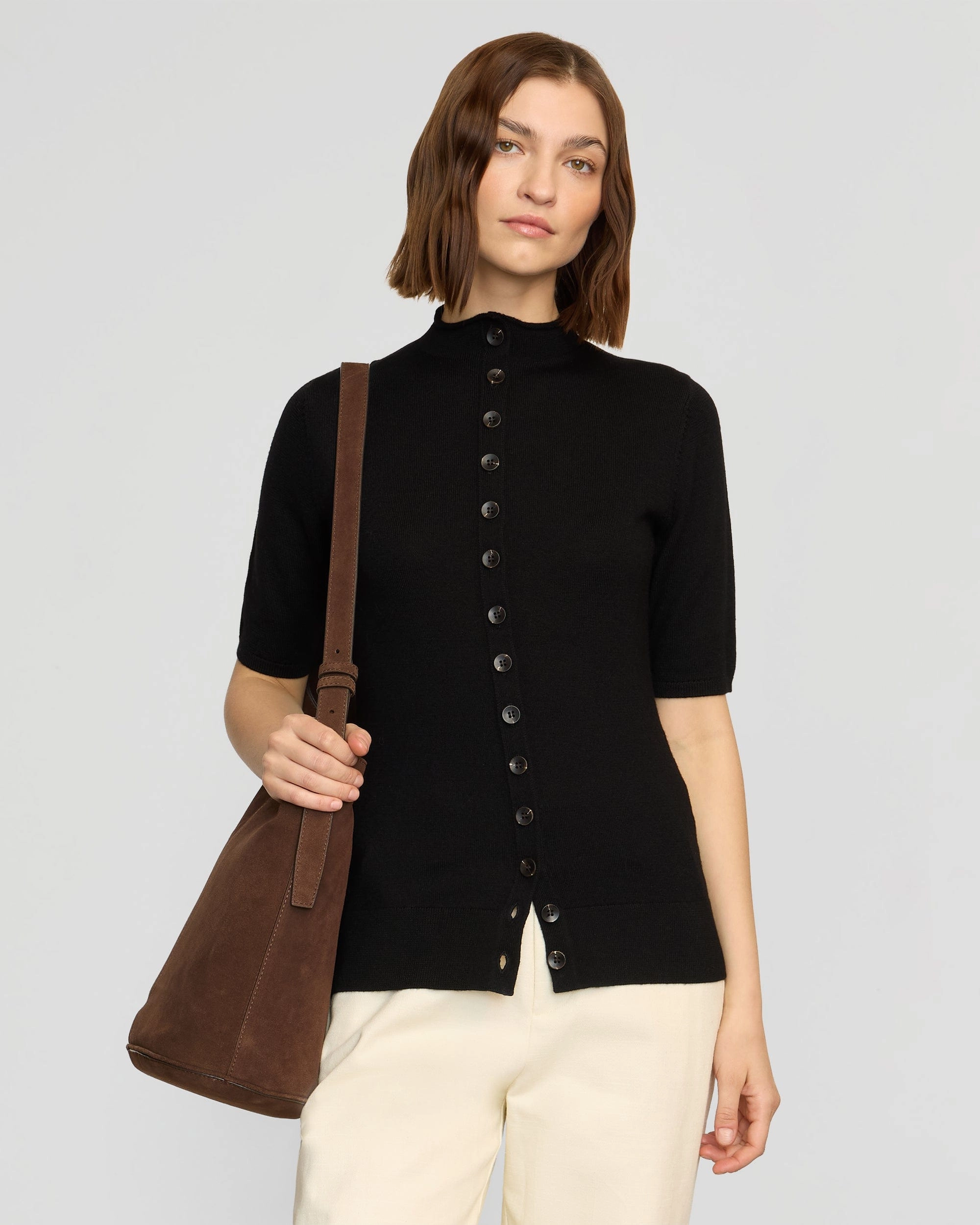 Cold-Weather Fashion Charlotte Wool Button Short-Sleeve Sweater