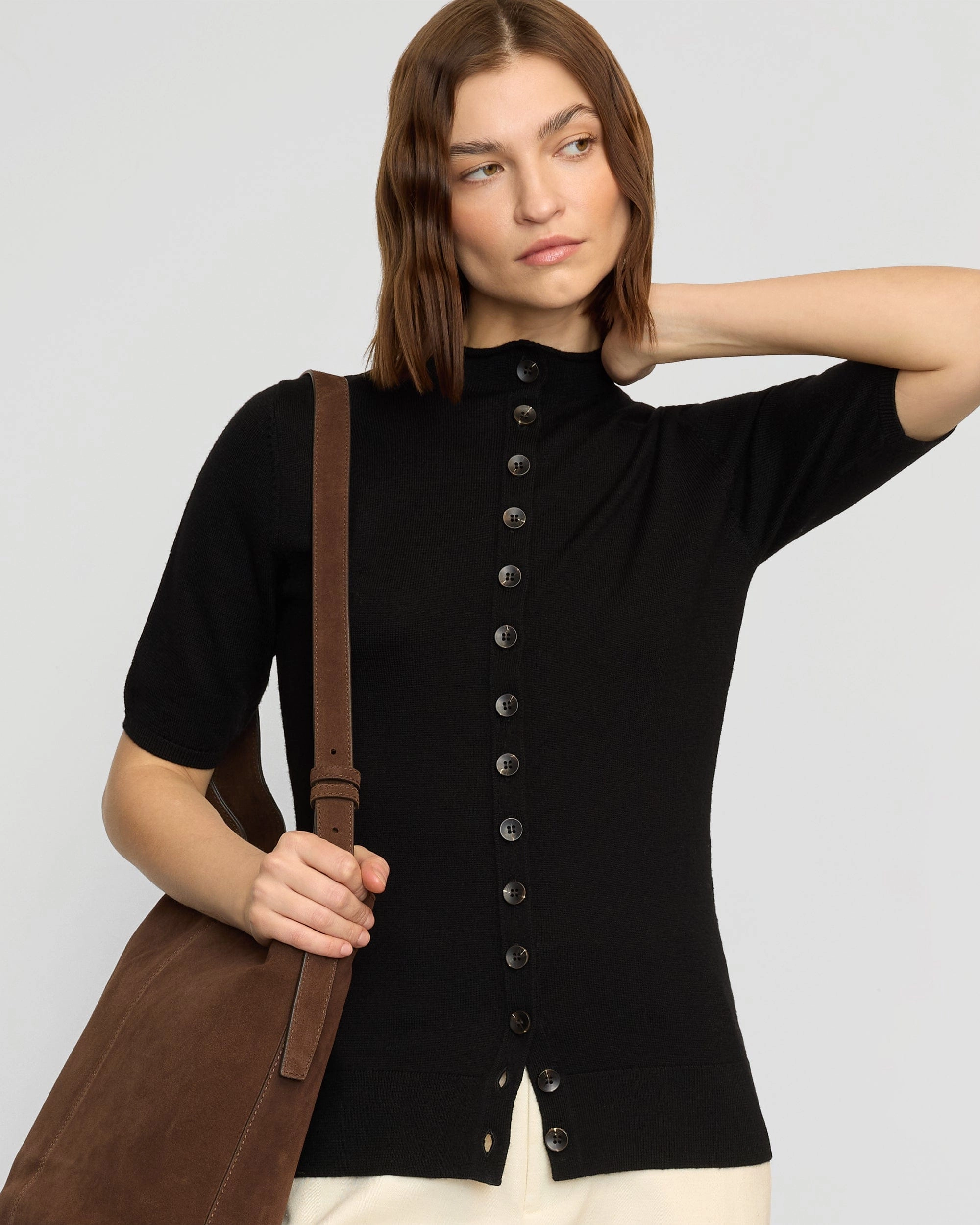 Unisex style Recycled Yarn Charlotte Wool Button Short-Sleeve Sweater