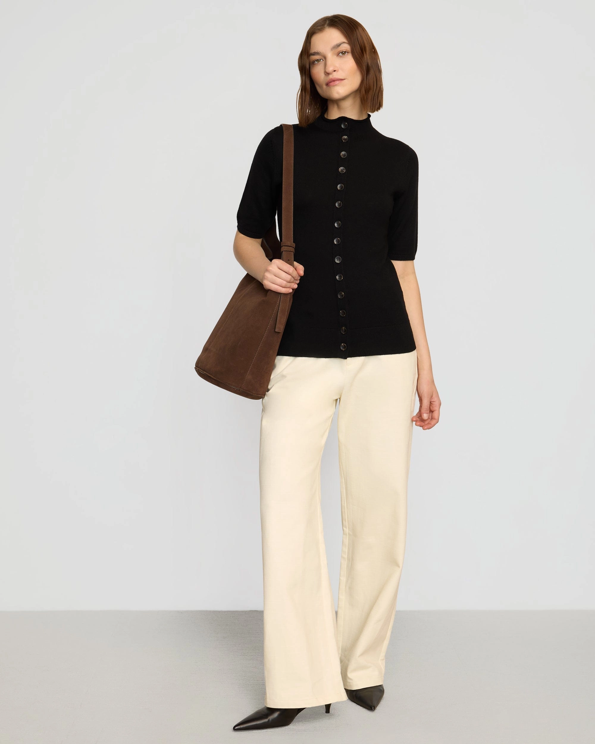 Sophisticated Knit Adaptive Fit Silhouette Charlotte Wool Button Short-Sleeve Sweater