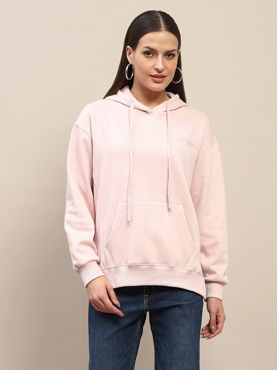 Casual apparel Comfort Piece Madame Cotton Placement Print Hooded Dusty Pink Sweatshirt