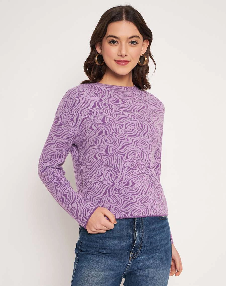 Sporty Look Cozy Knit Piece Madame Lilac Animal Print Sweater