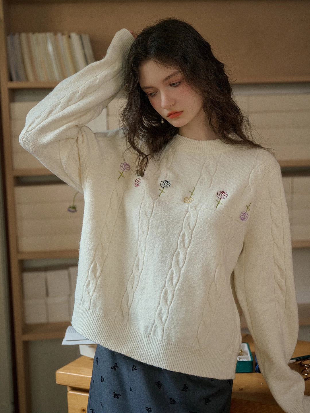 ??Final Sale??Rebecca Round Neck Ribbed Rose Wool Sweater All Time Soft touch finish