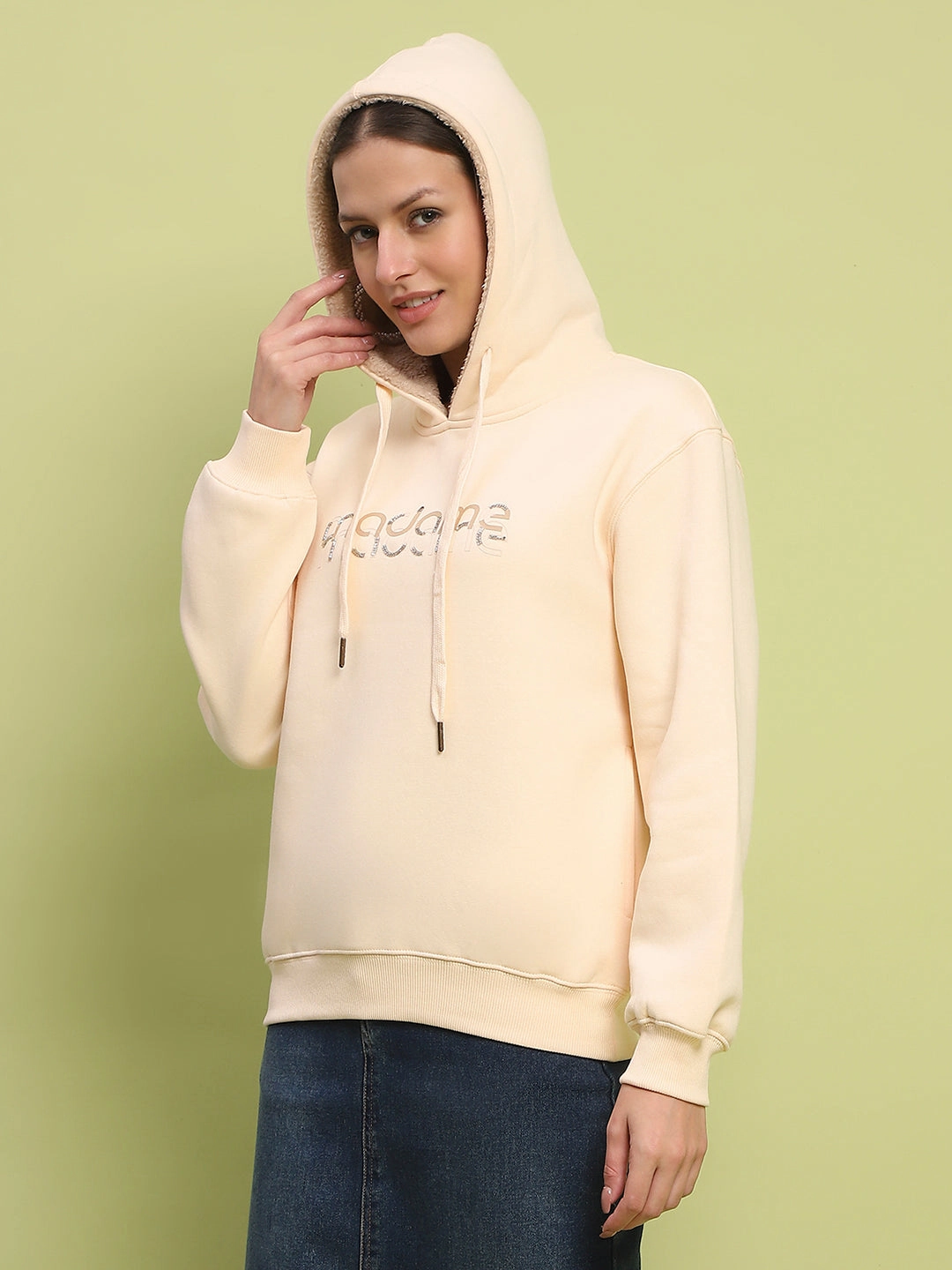Madame Typography Print Hooded Beige Cotton Sweatshirt product patchwork creativity