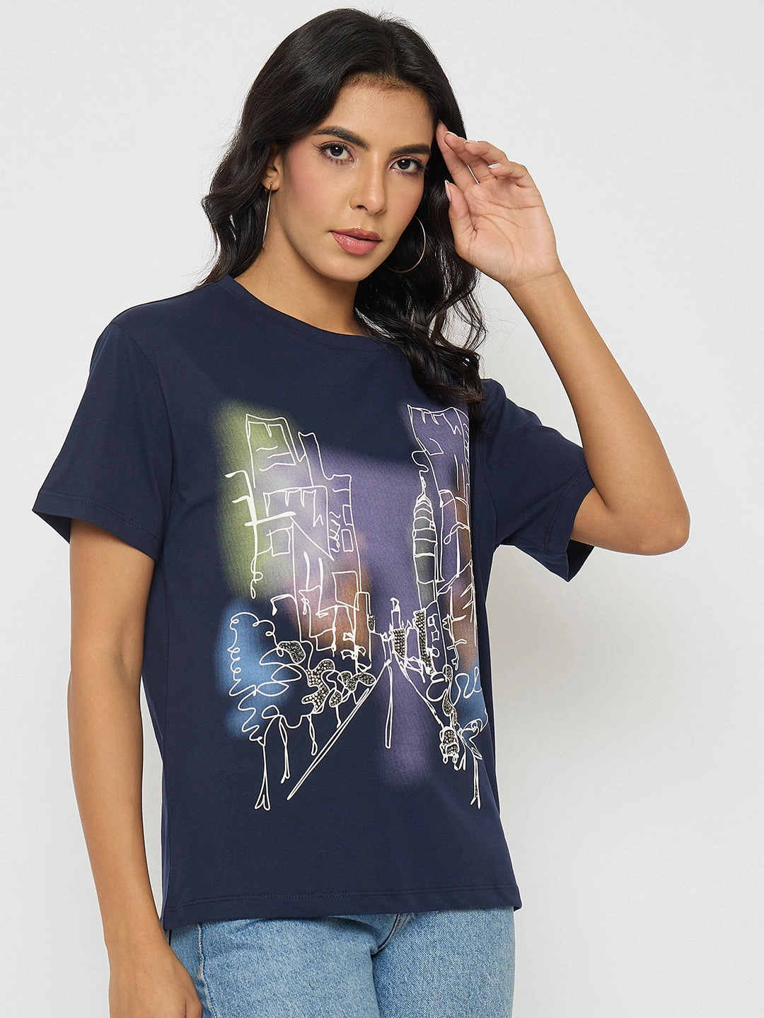 Madame Graphic Print Navy Blue Cotton T-shirt Soft Waistband