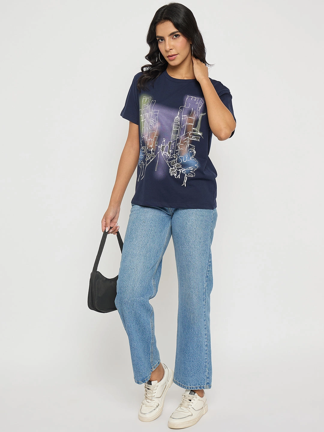 Madame Graphic Print Navy Blue Cotton T-shirt Sleek Performance