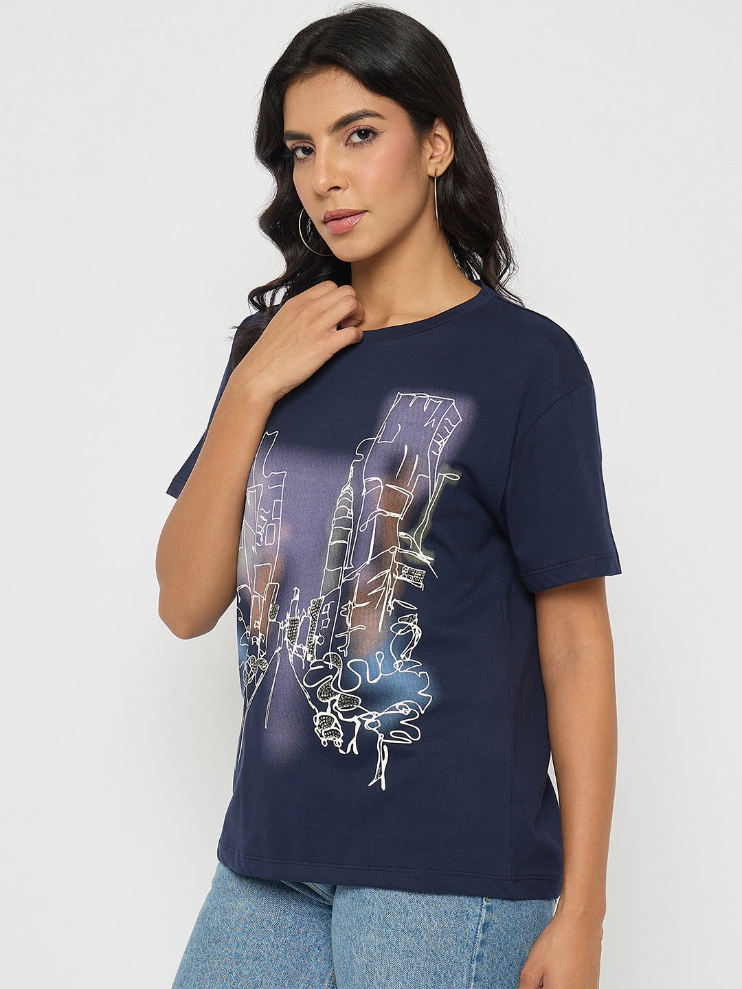 Madame Graphic Print Navy Blue Cotton T-shirt Minimal Fashion Relax Fit Design
