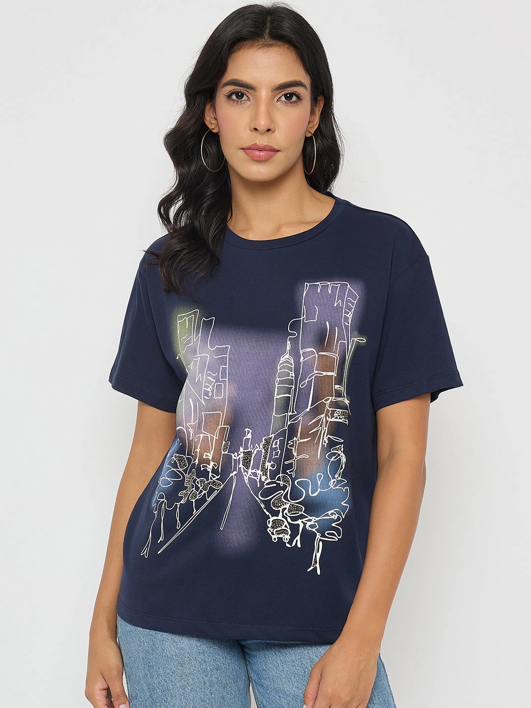 Madame Graphic Print Navy Blue Cotton T-shirt Light Flex Fit Sports Apparel
