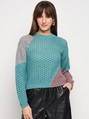 Madame Aqua Pointelle-Knit Jumper Merino Wool Heathered Effect