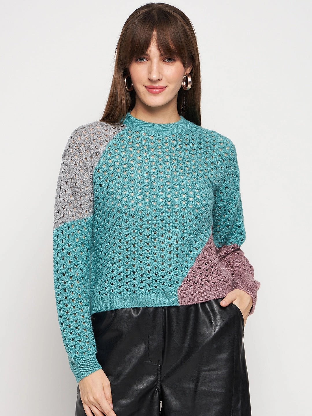 Madame Aqua Pointelle-Knit Jumper Merino Wool Heathered Effect