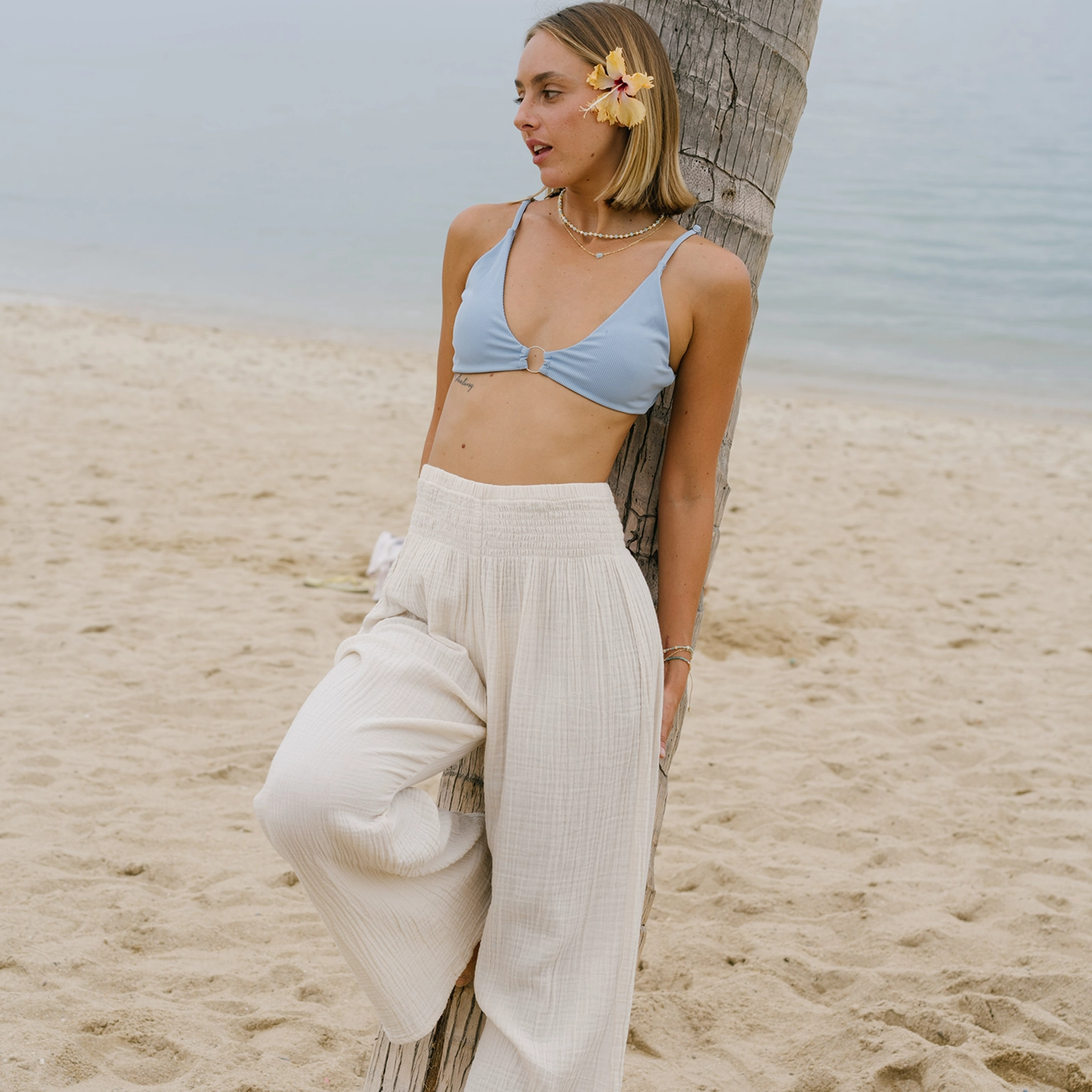 RegularFit Easy Stretch Fit Cream Wide Leg Cotton Pants