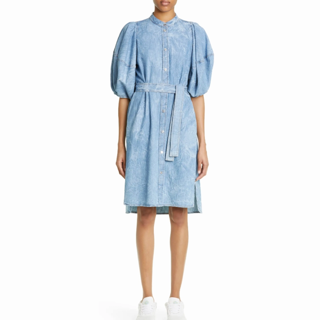 Sleek Texture Shine Soft Crinkle Denim Puff Sleeve Dress
