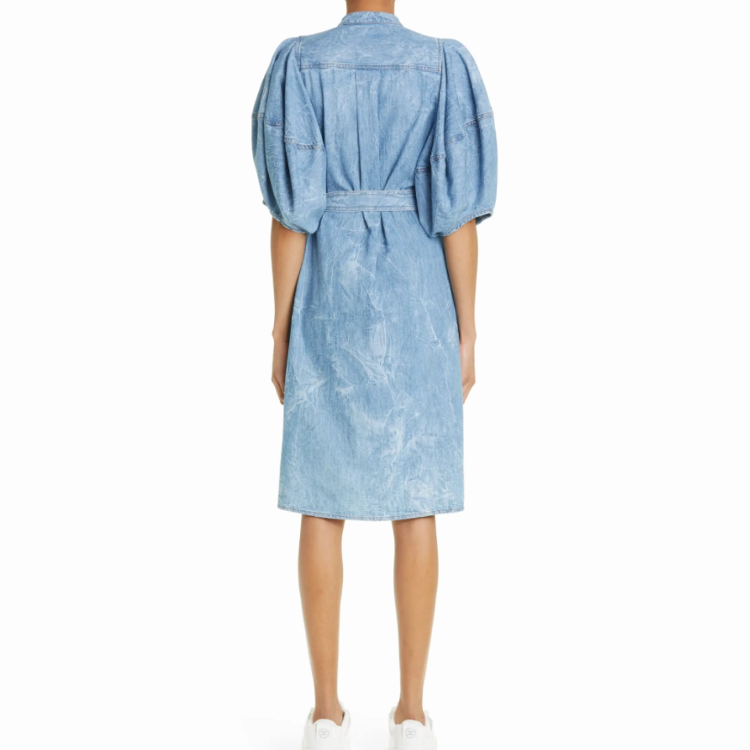 Crinkle Denim Puff Sleeve Dress Subtle Fit Soft Cut