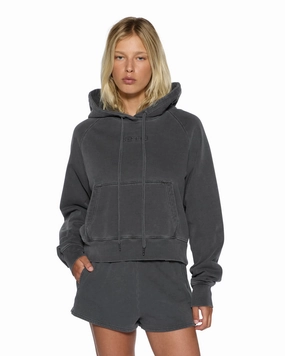 Minimal Fashion Ribbed Collar Detail ORIGIN HOODIE CHARCOAL