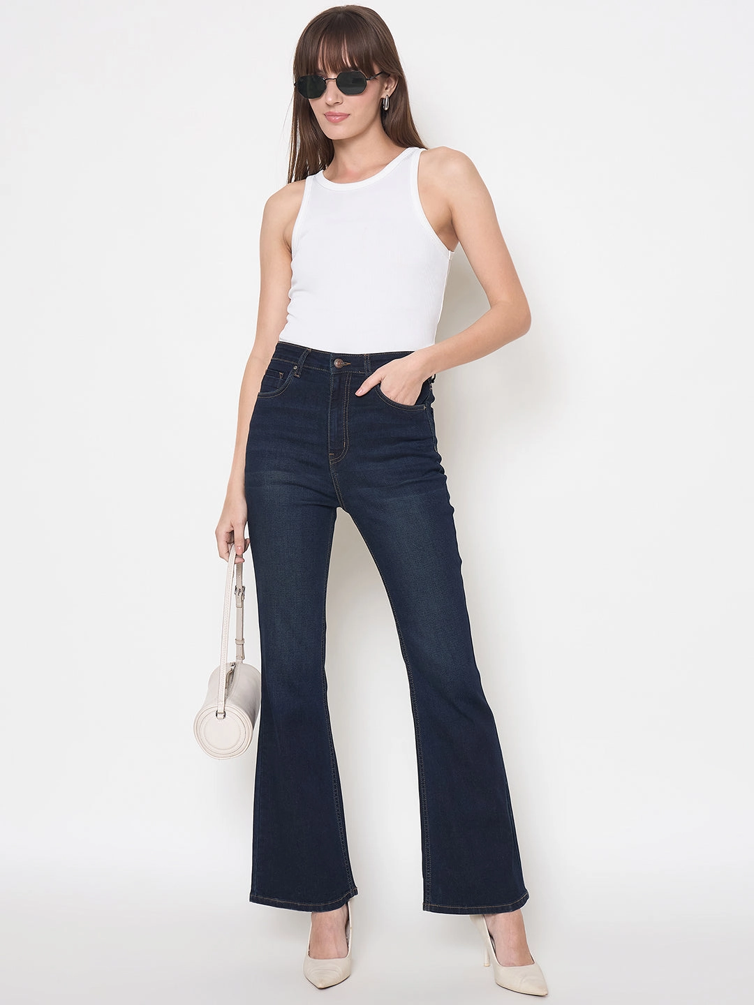 Madame Cotton Blend Stone Wash Mid Night Blue Flared Denim Jeans Minimal Fit Weekend Style Rainy Day