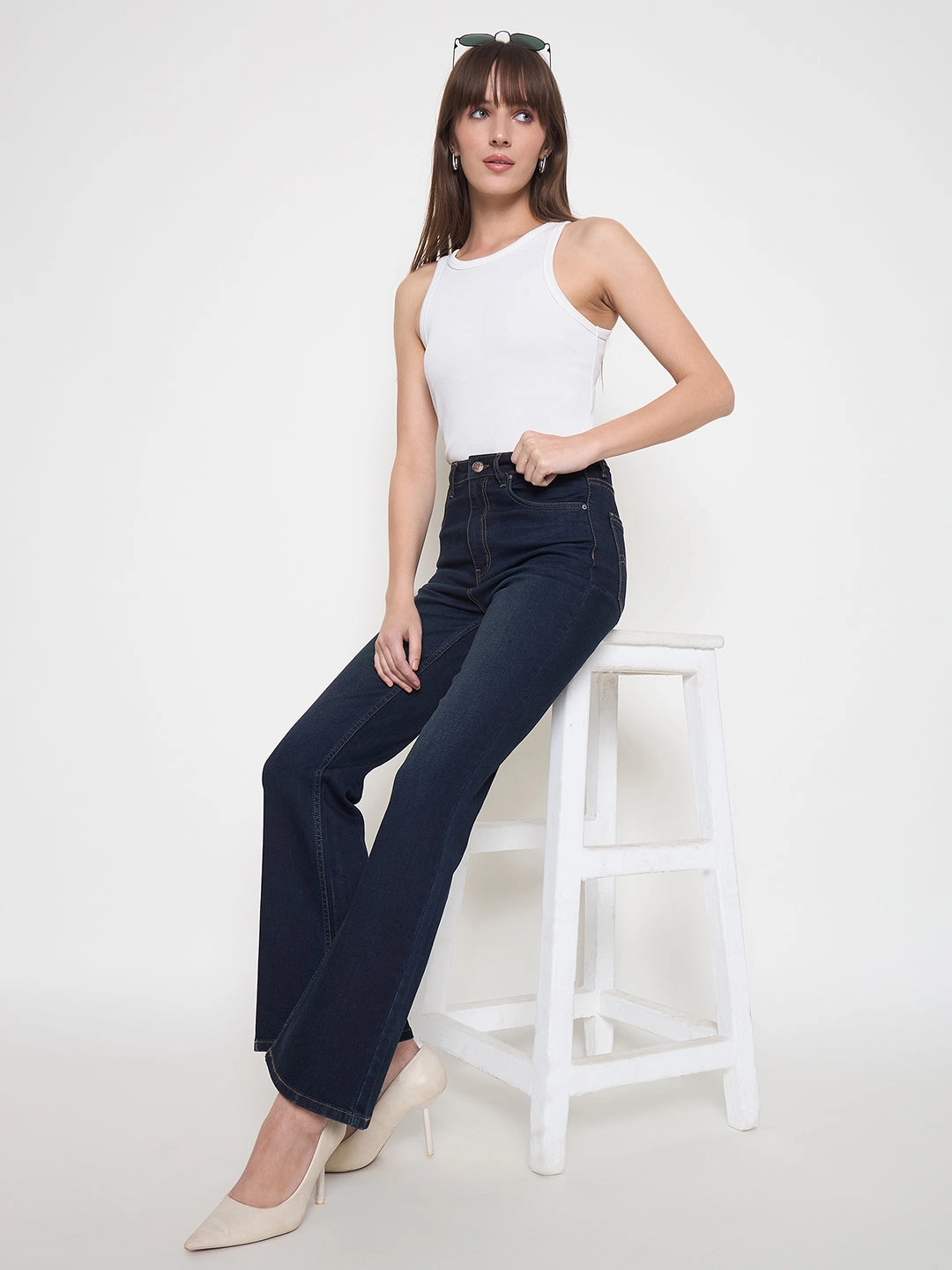 Weekend Getaway Outdoor Adventure Picnic Style Madame Cotton Blend Stone Wash Mid Night Blue Flared Denim Jeans
