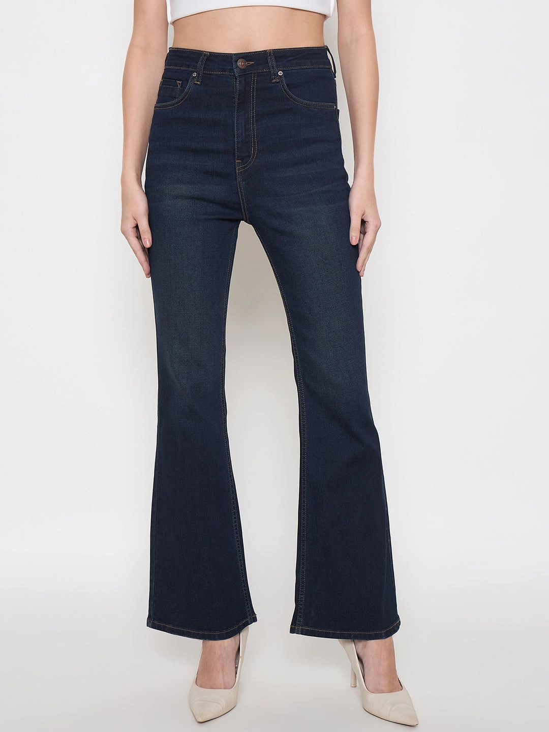 Essential Wear Friction Free Inner Lining Madame Cotton Blend Stone Wash Mid Night Blue Flared Denim Jeans