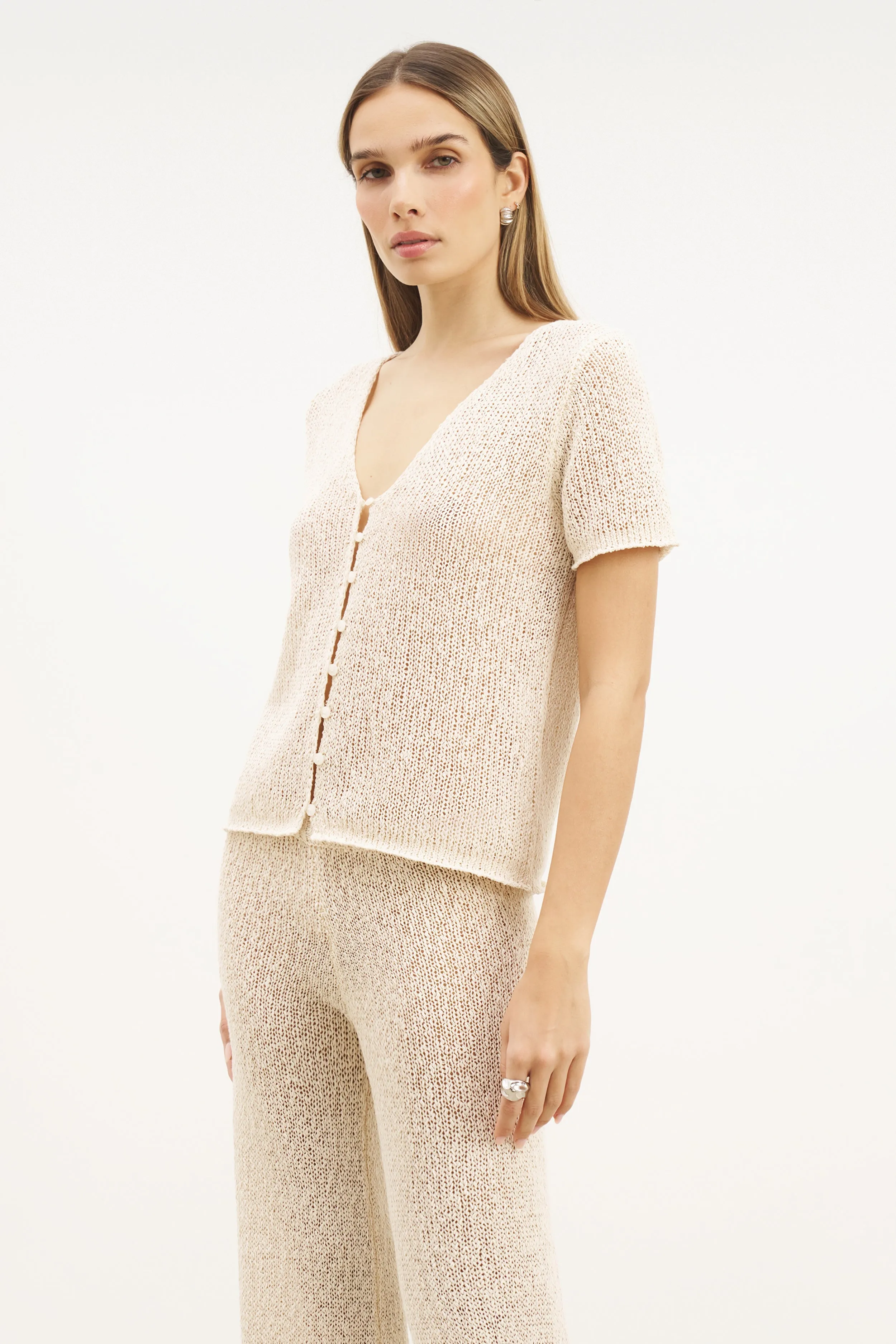 Fashionable Look Antimicrobial Finish Crochet Knit Button Up Top - Cream