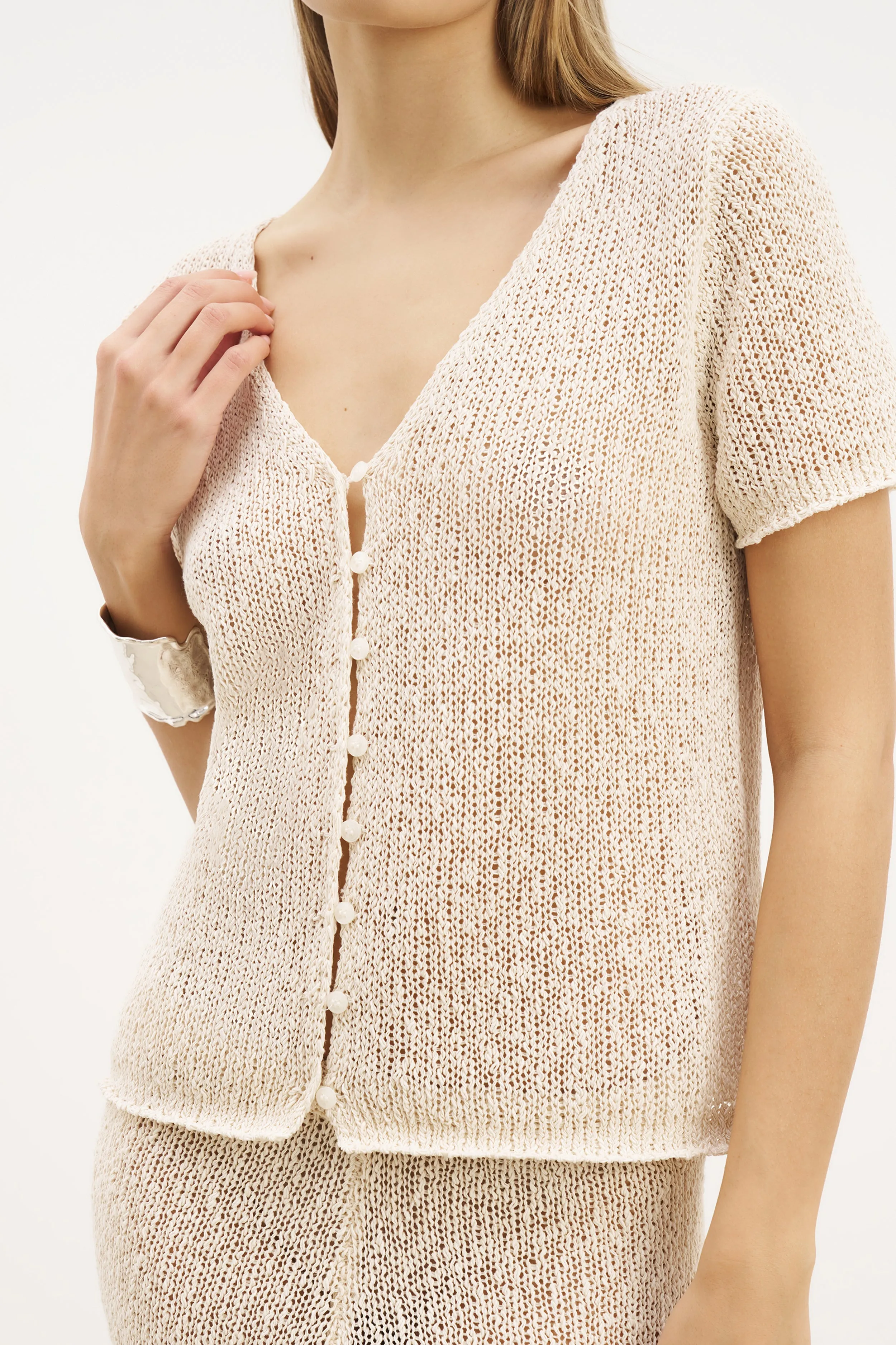 Crochet Knit Button Up Top - Cream Ultraviolet Protection Finish