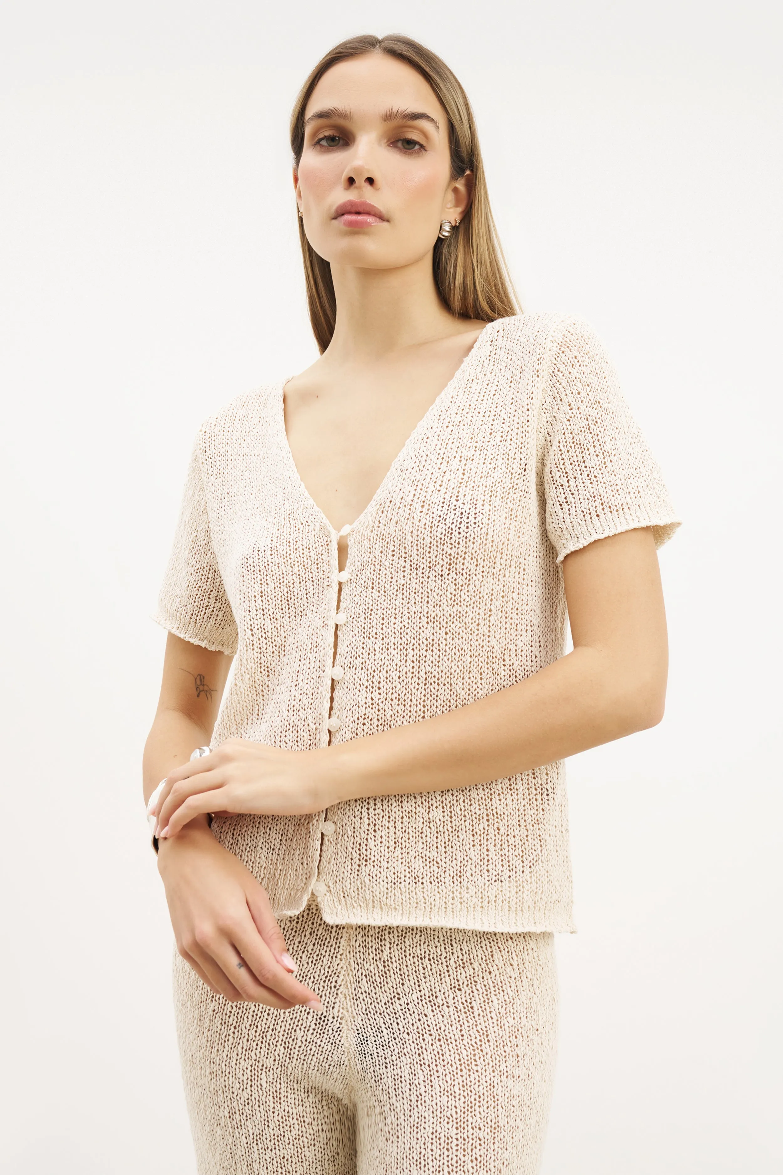 Wrinkle resistant fabric Crochet Knit Button Up Top - Cream