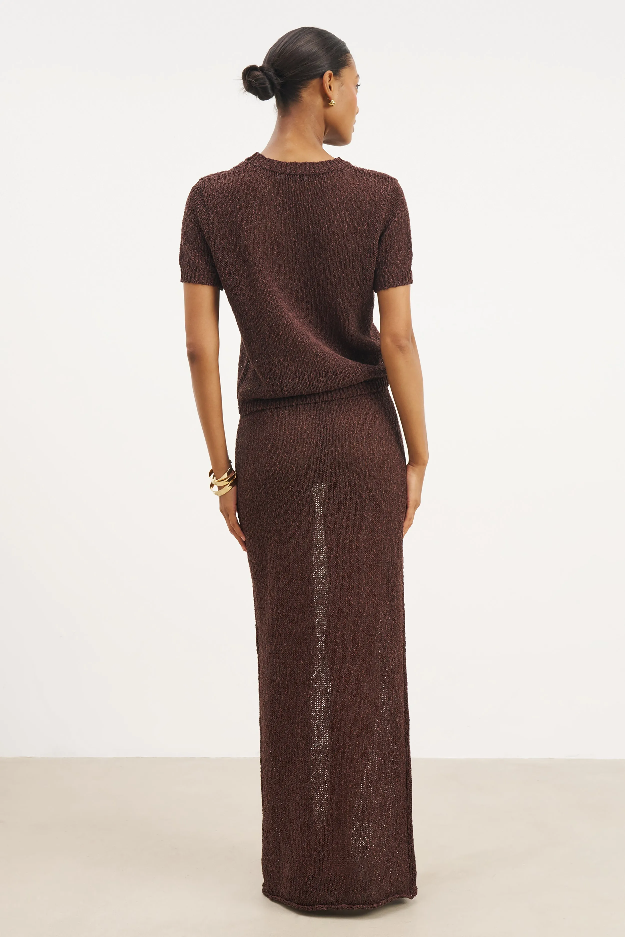 Neat Finish Ankle length Crochet Knit Maxi Skirt - Carob