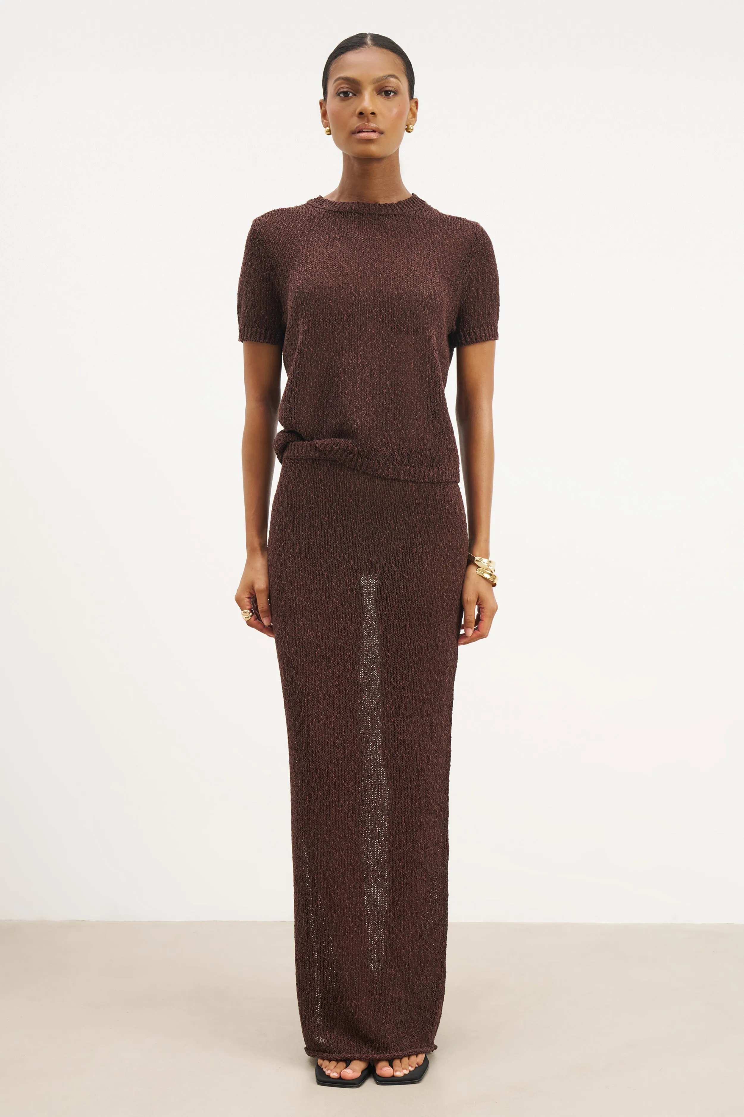 Machine wash safe Crochet Knit Maxi Skirt - Carob