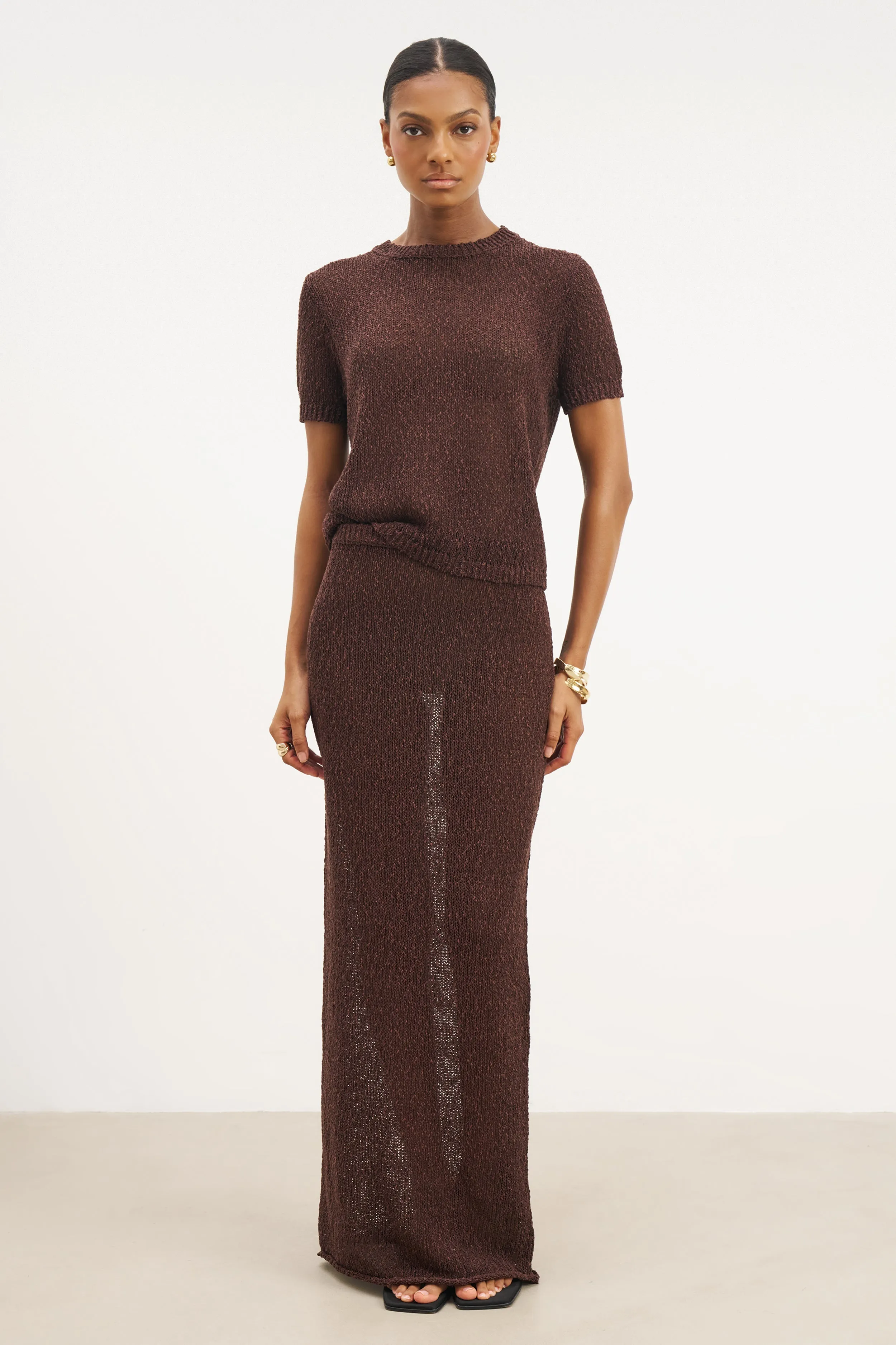 Figure Flattering Crochet Knit Maxi Skirt - Carob