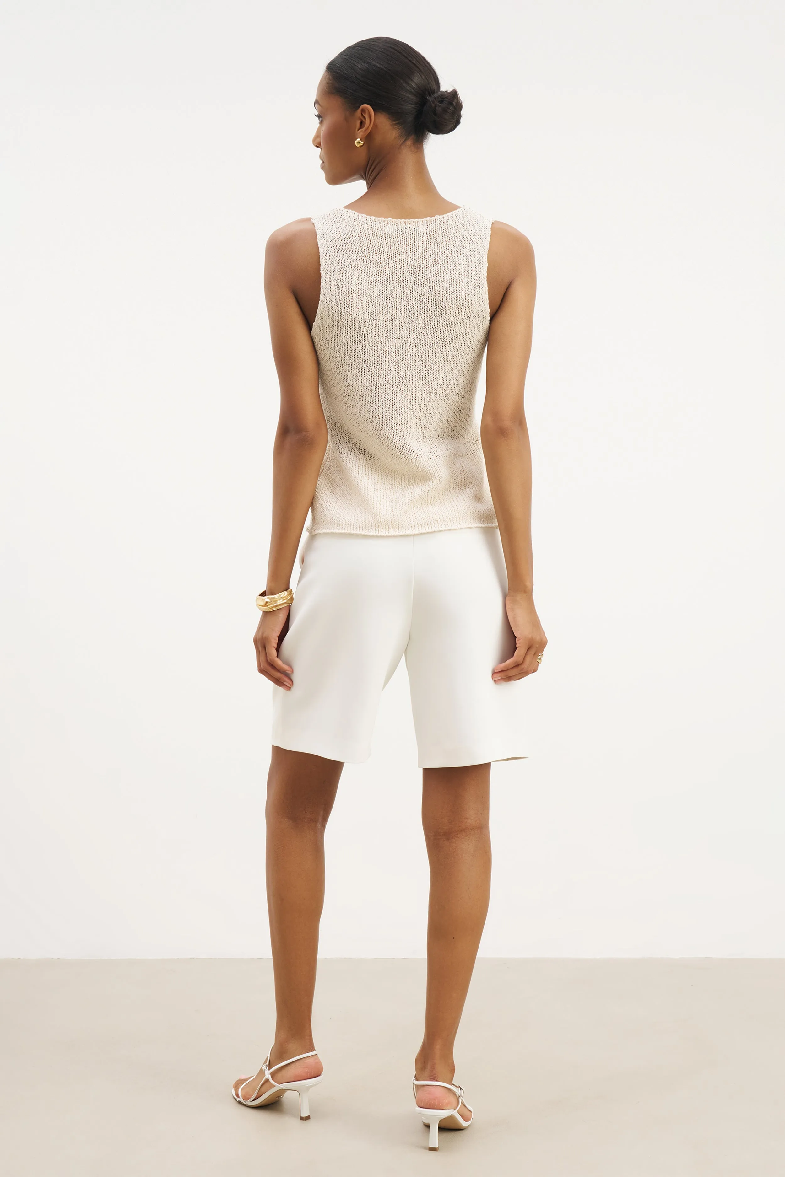 Crochet Knit V Neck Waistcoat - Cream MultiPurposeUtility Interlock Stitch Detail