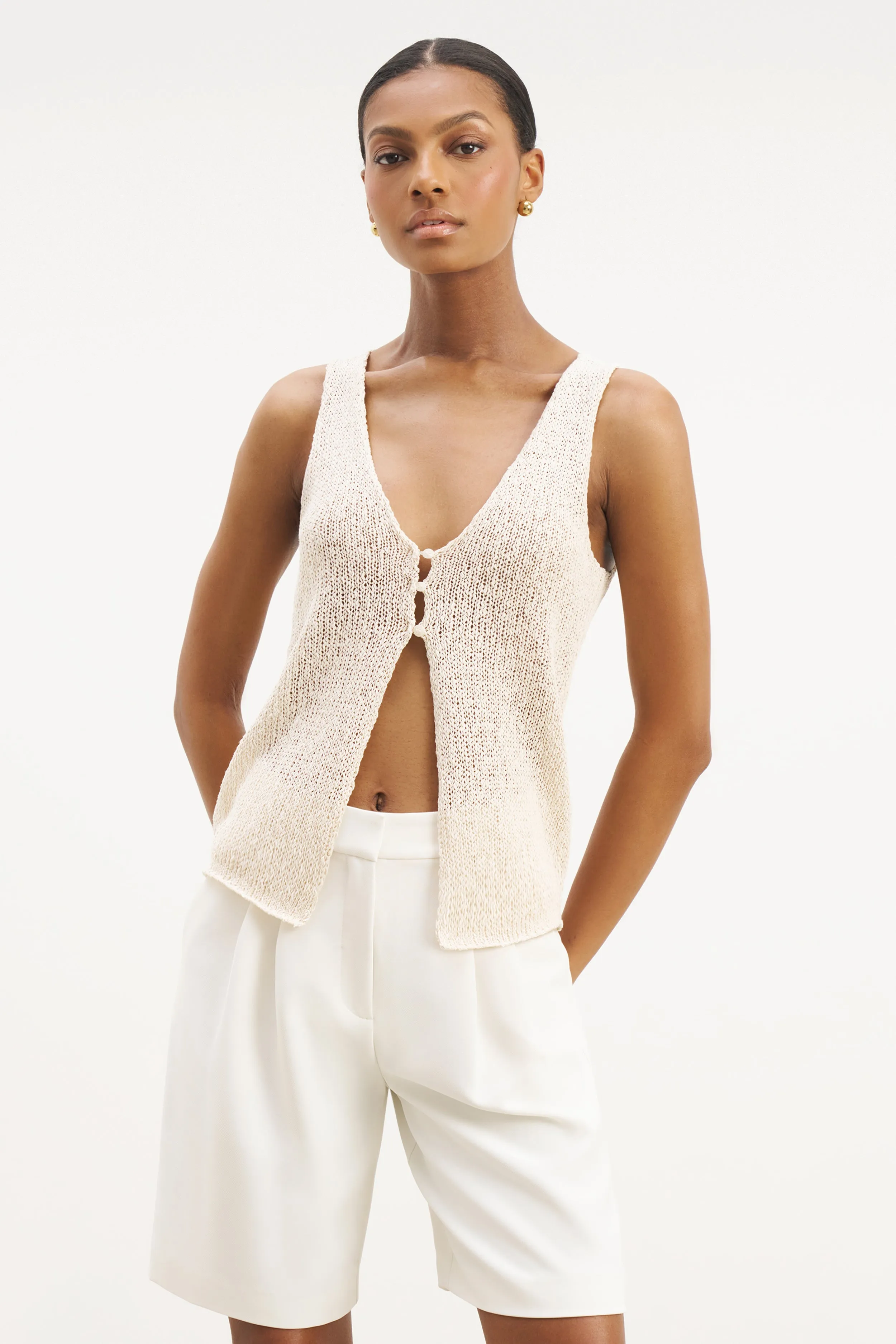 Crochet Knit V Neck Waistcoat - Cream VentilatedArmholes