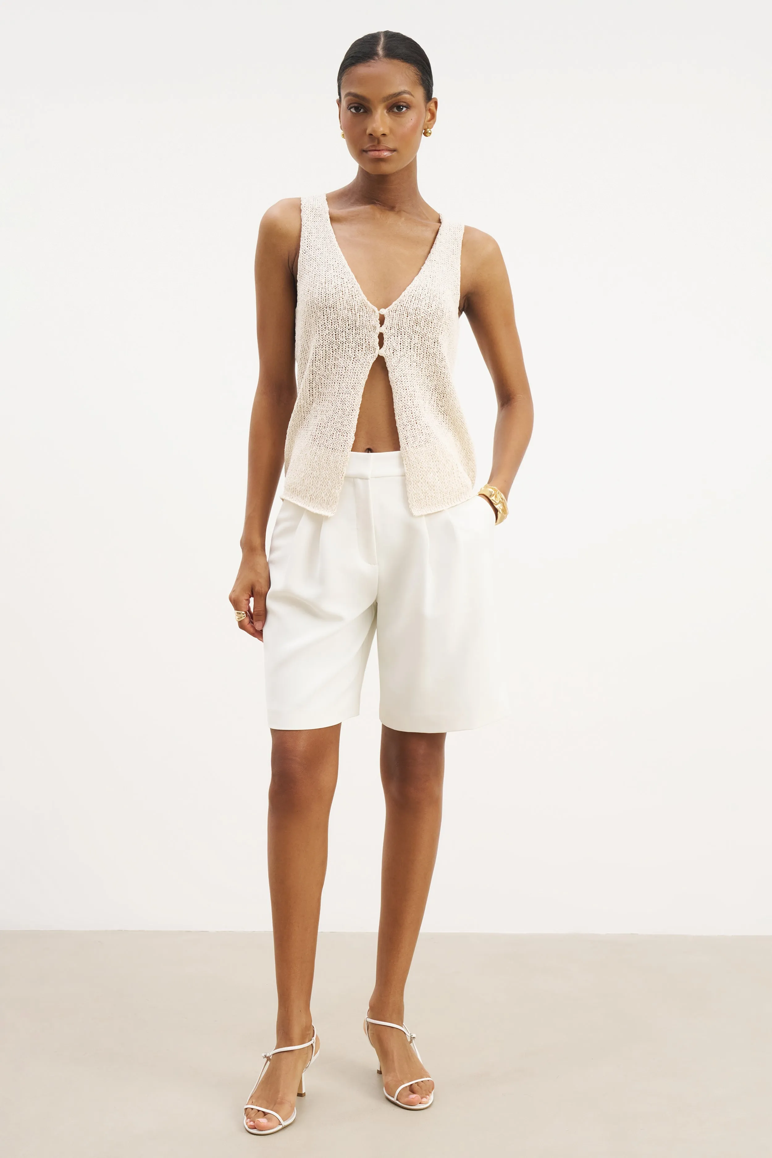 Layered Panel Design FlexibleRibbing Crochet Knit V Neck Waistcoat - Cream