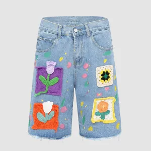 Crochet Patchwork High-Waisted Denim Shorts
