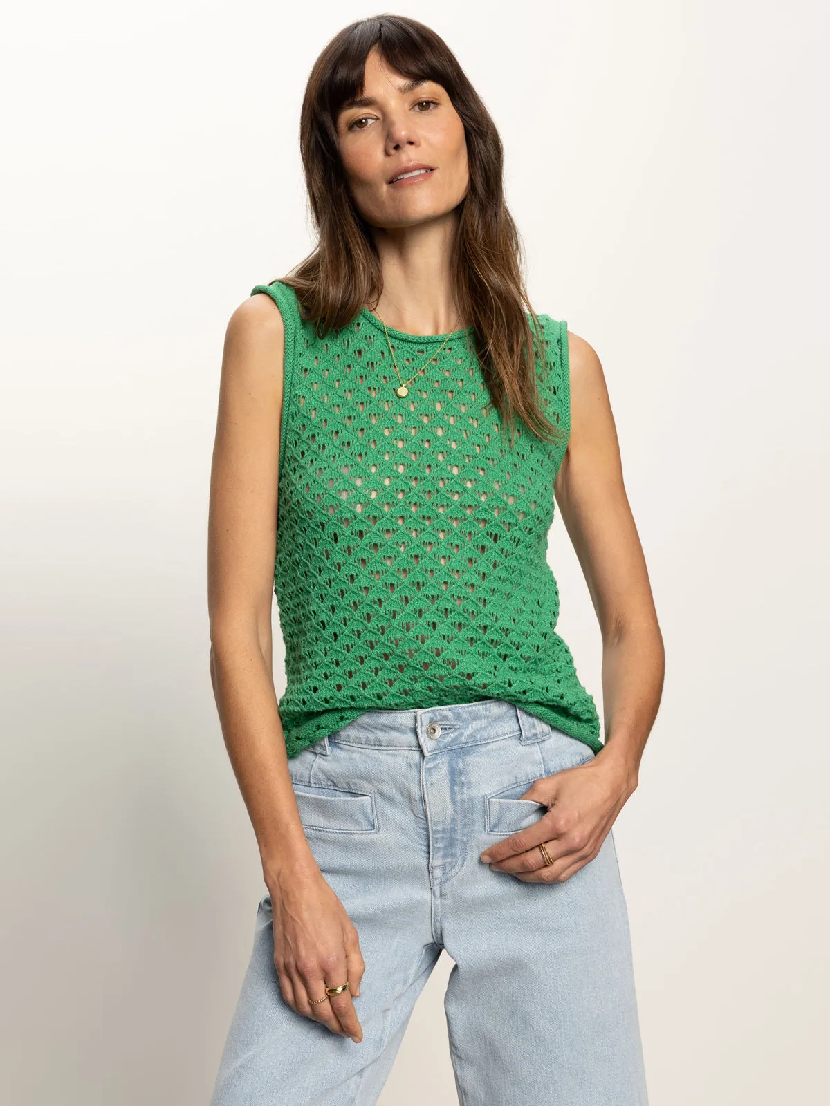 Cozy Waist Crochet Shell Sweater Palm