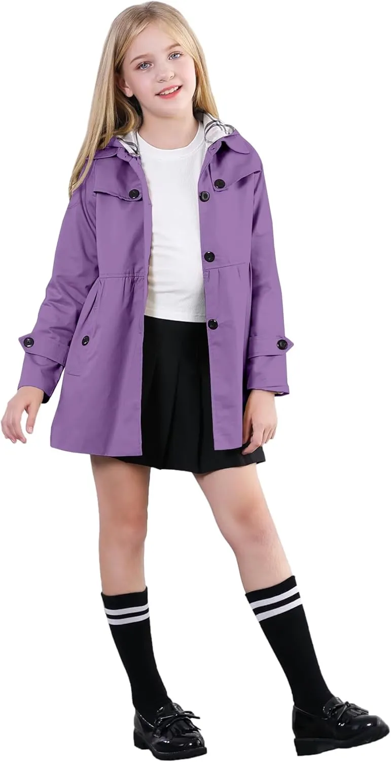 Cromoncent Girl's Waterproof Hoodie Trench Coat Cute Dress Coat Outerwear, 3-12 Years