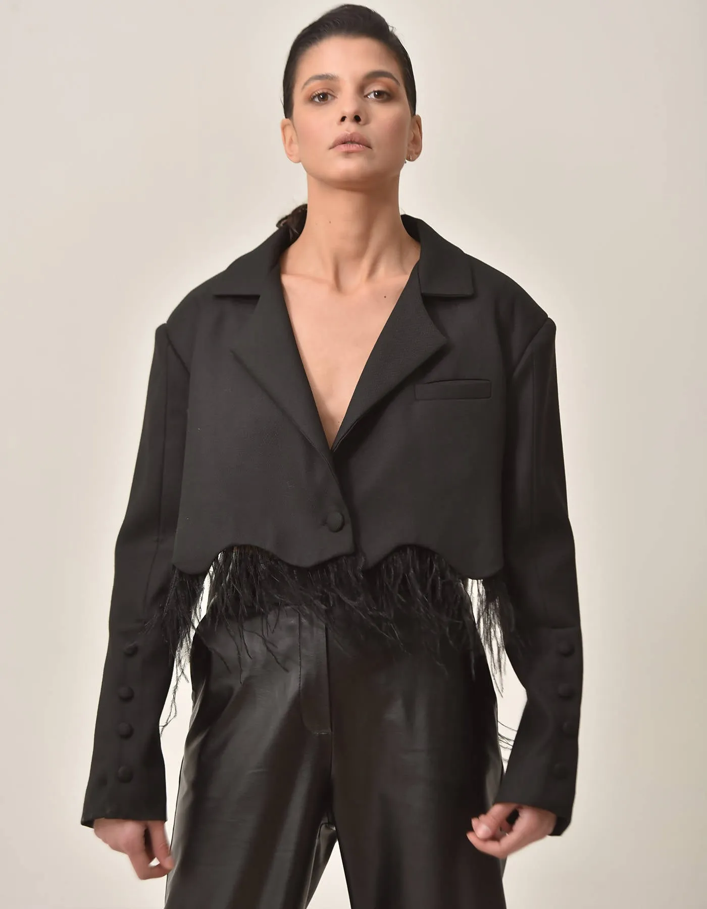 Cropped Blazer with Feather Fringes