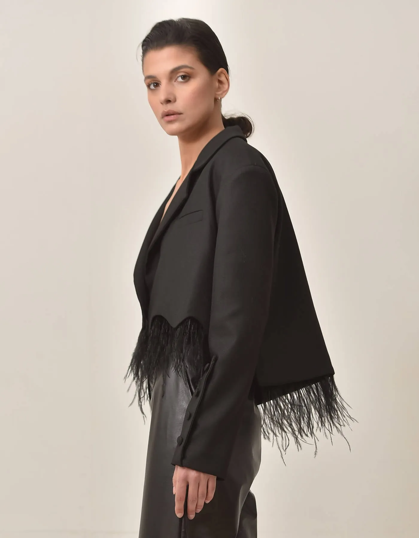 Cropped Blazer with Feather Fringes